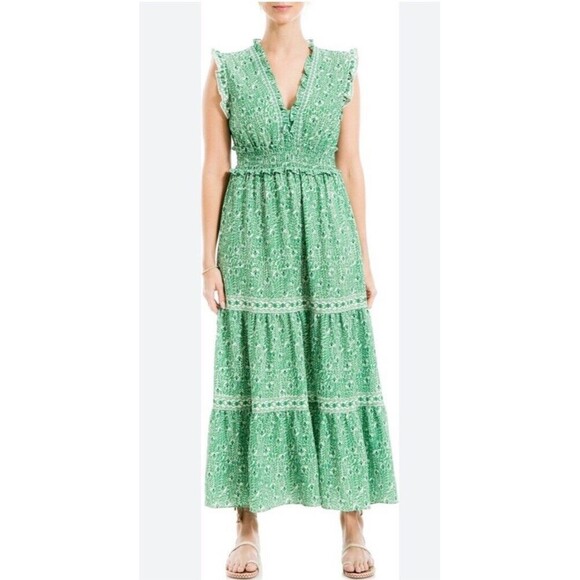 Max Studio Plus Size 3X Smocked Floral Boho Tiered Maxi Dress Green New - Picture 1 of 8